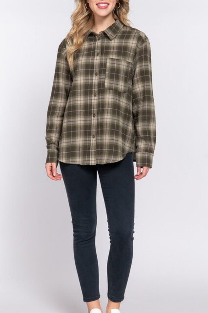 Women's Long sleeve notched collar plaid shirt - FashionJOA