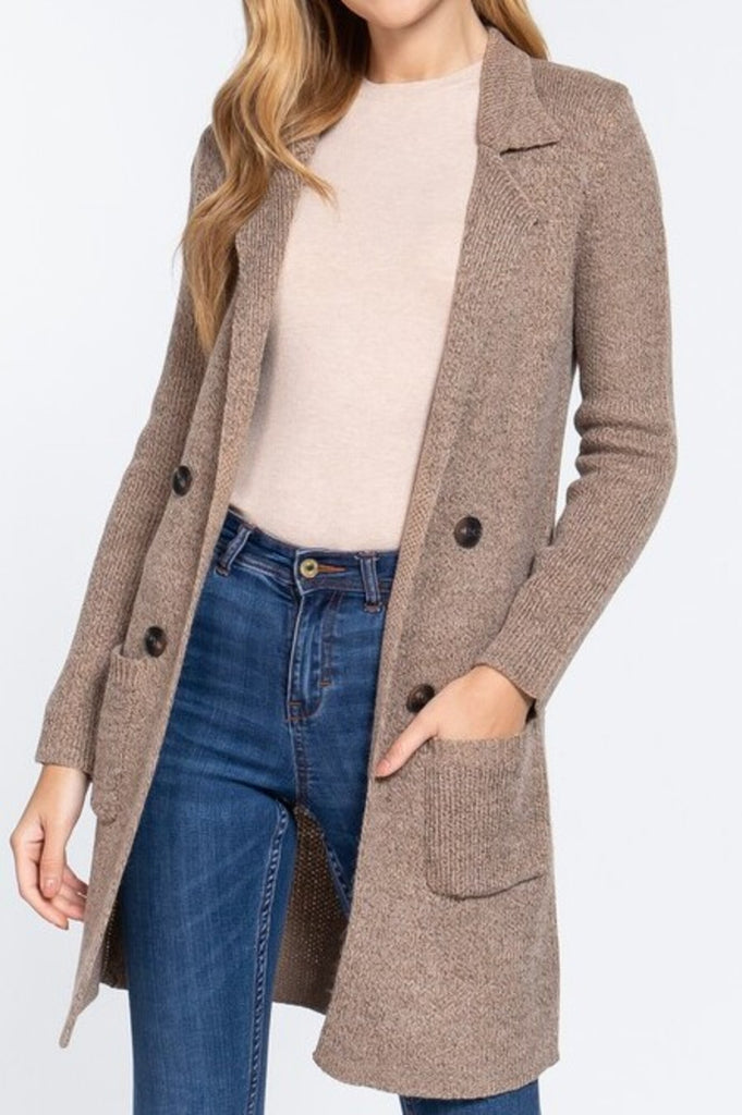 Women's Long sleeve notched collar sweater jacket - FashionJOA