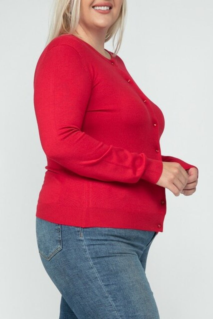 Women's Plus size Long Sleeve Button Down Crewneck Sweater Knit Cardigan - FashionJOA