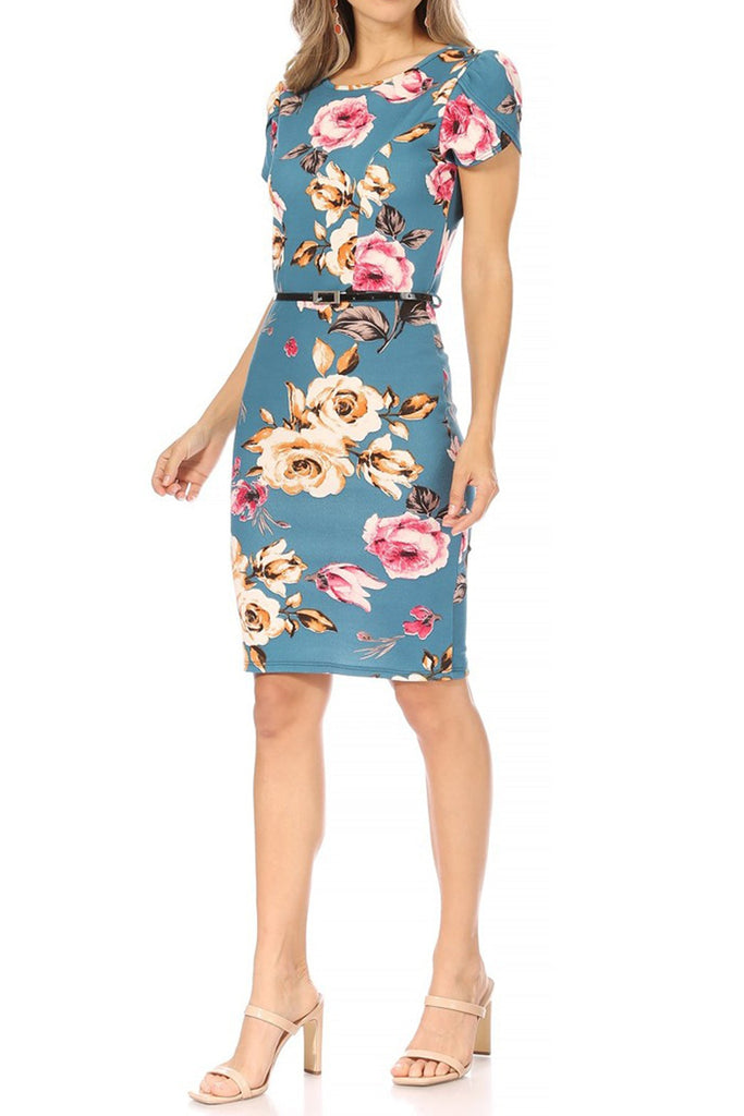 Women's Floral Puff Sleeves Midi Dress with Belt - FashionJOA