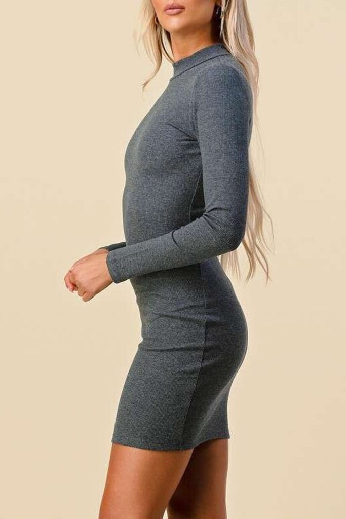 Women's Solid Mock Neck Back Cut Rib Mini Dress - FashionJOA