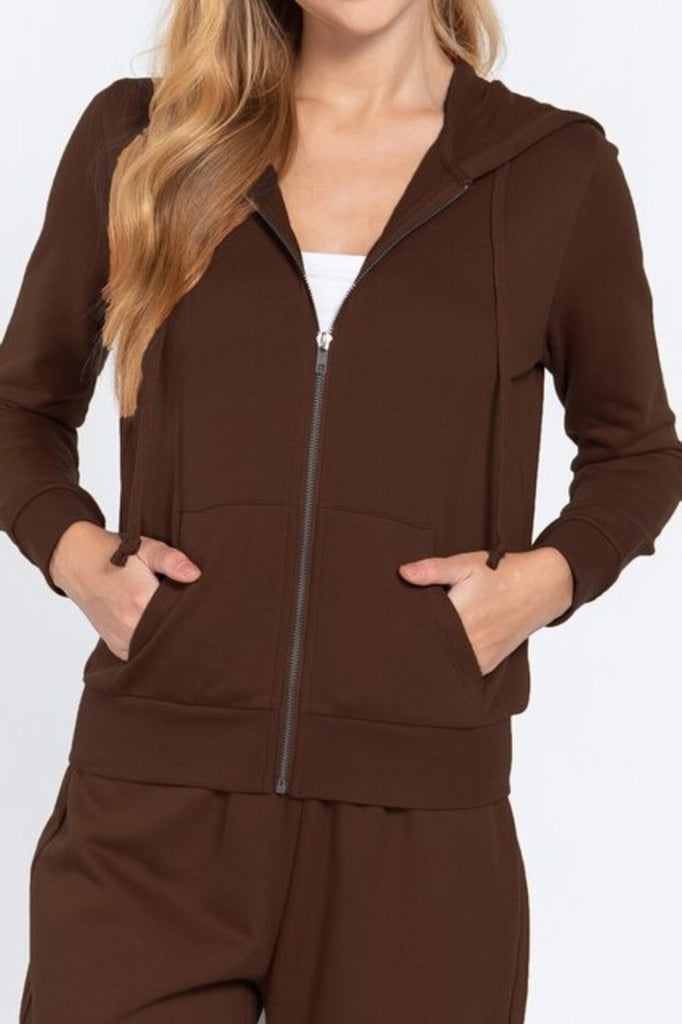 Women's Inner brushed fleece french terry long sleeve zip up hoodie jacket - FashionJOA