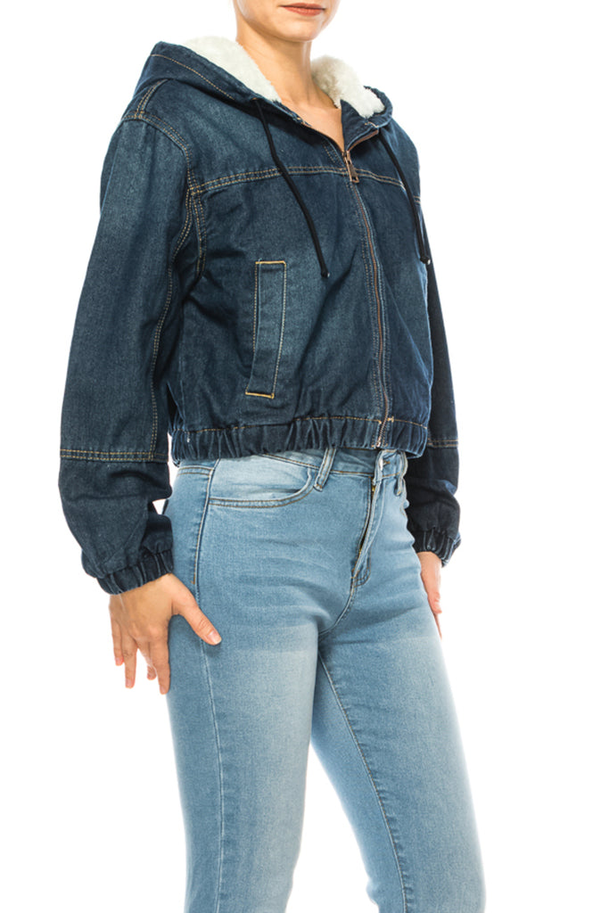 Women's Hooded denim jacket with fleece lining - FashionJOA