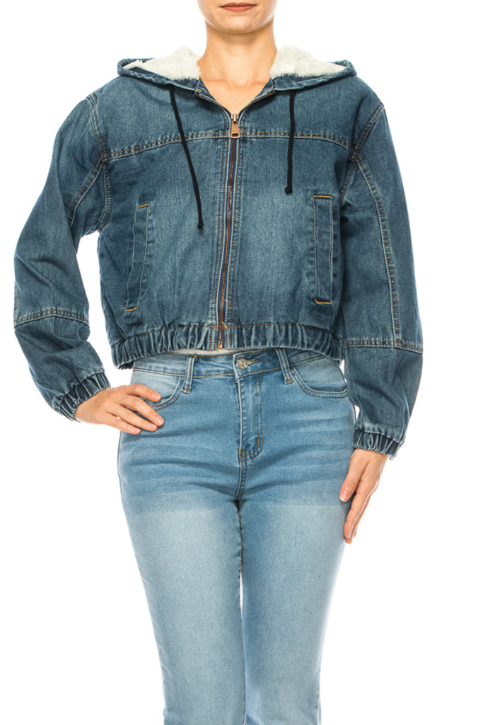 Women's Hooded denim jacket with fleece lining - FashionJOA