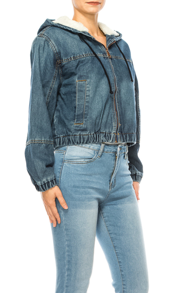 Women's Hooded denim jacket with fleece lining - FashionJOA