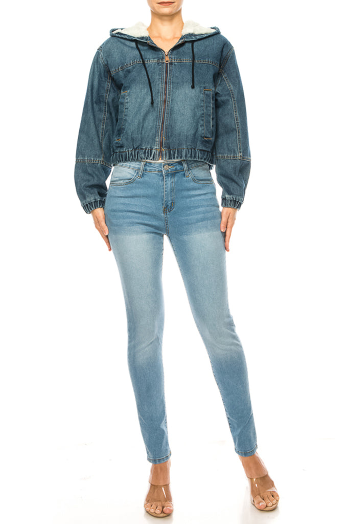 Women's Hooded denim jacket with fleece lining - FashionJOA