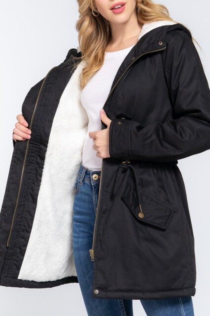 Women's Fleece lined plush fur hoodie utility jacket - FashionJOA