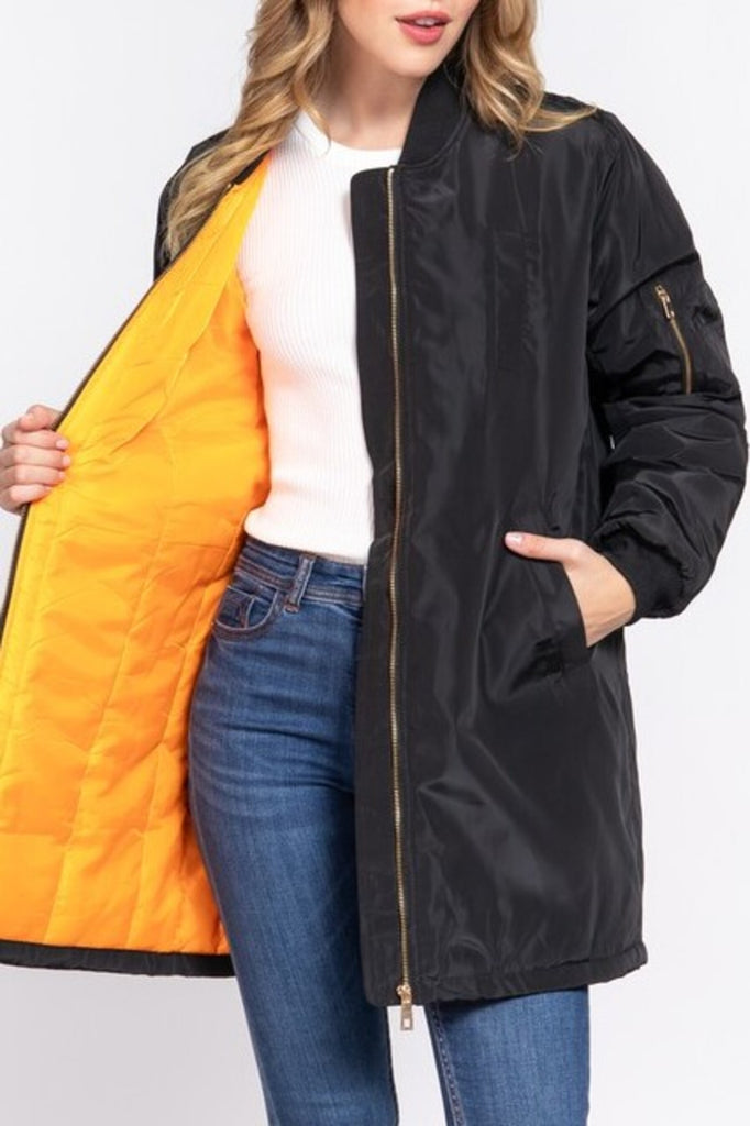 Women's Casual long bomber zip up jacket coat - FashionJOA