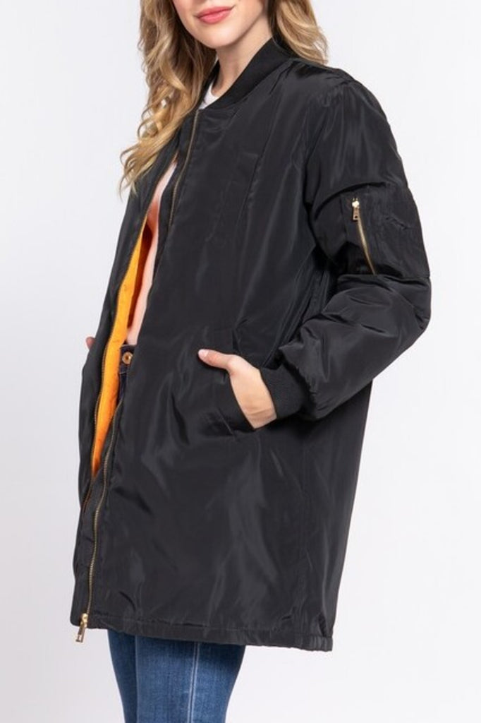 Women's Casual long bomber zip up jacket coat - FashionJOA