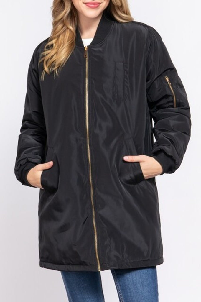 Women's Casual long bomber zip up jacket coat - FashionJOA