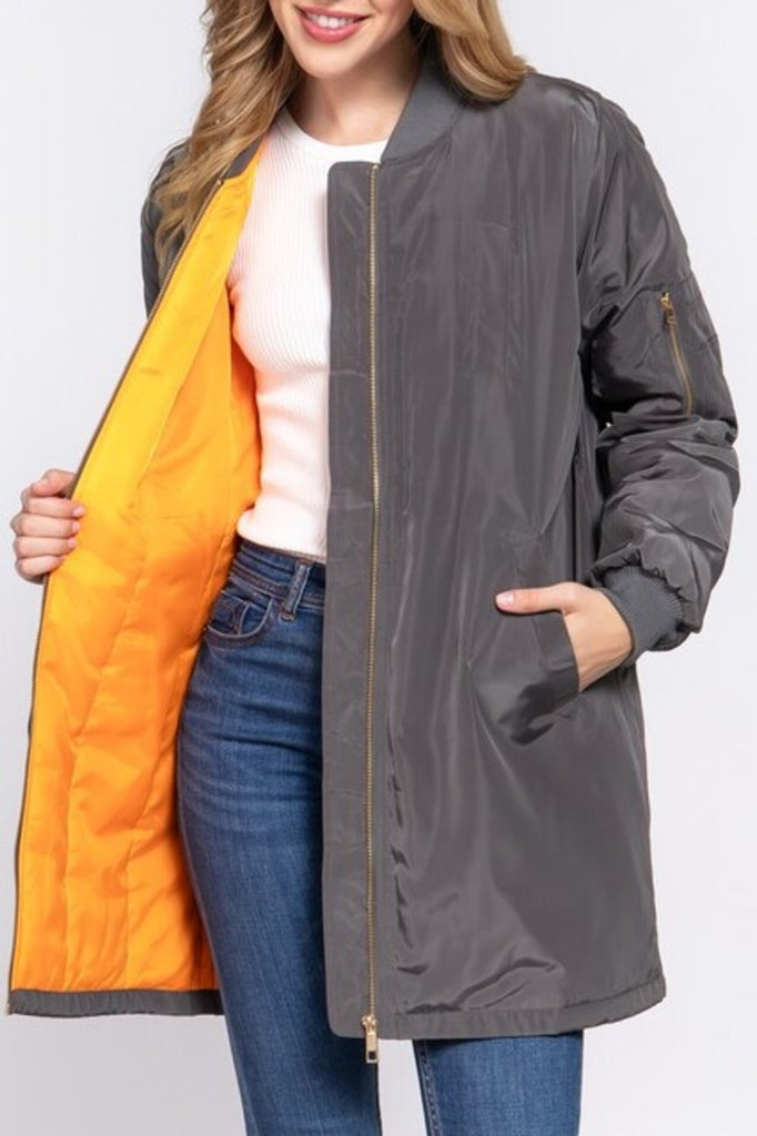 Women's Casual long bomber zip up jacket coat - FashionJOA