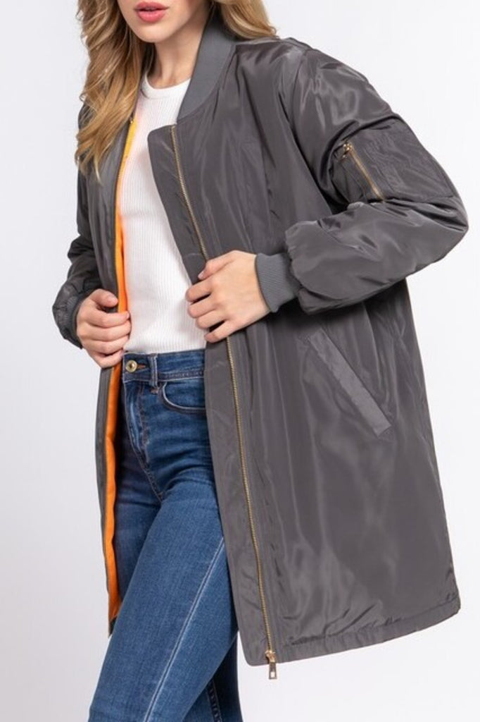 Women's Casual long bomber zip up jacket coat - FashionJOA