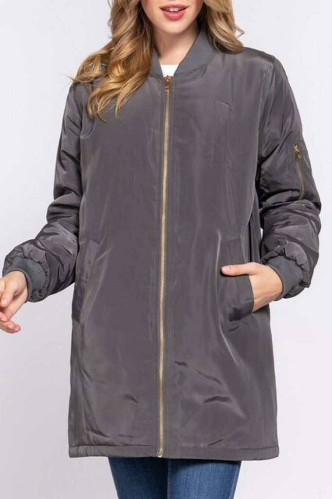 Women's Casual long bomber zip up jacket coat - FashionJOA