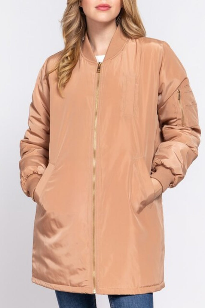 Women's Casual long bomber zip up jacket coat - FashionJOA
