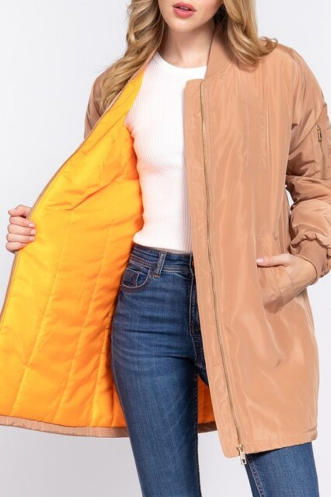 Women's Casual long bomber zip up jacket coat - FashionJOA