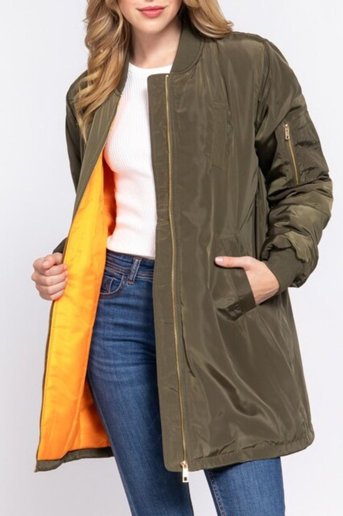 Women's Casual long bomber zip up jacket coat - FashionJOA