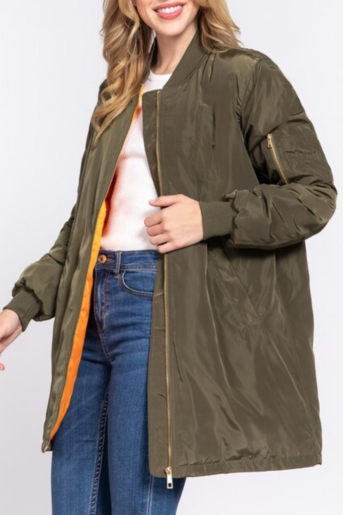 Women's Casual long bomber zip up jacket coat - FashionJOA