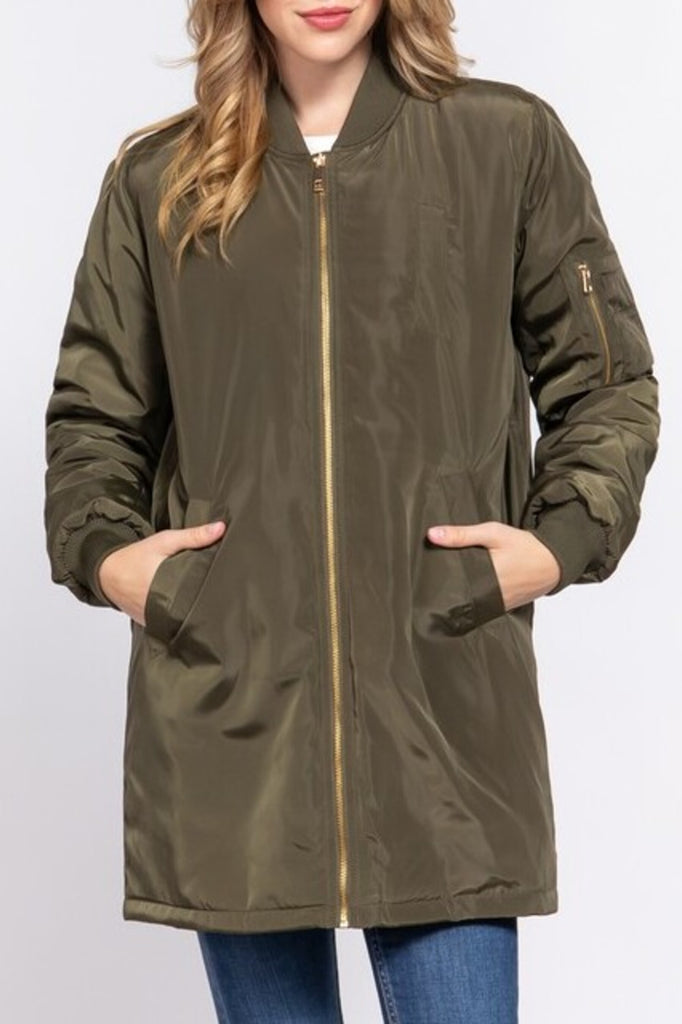 Women's Casual long bomber zip up jacket coat - FashionJOA