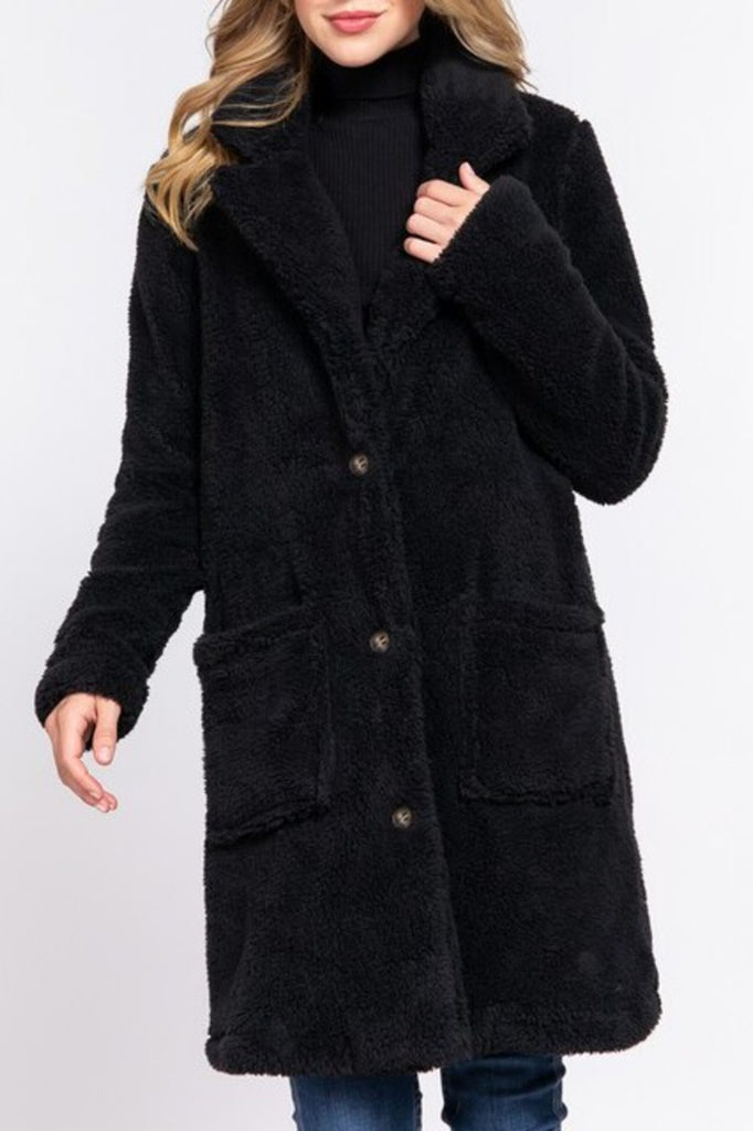 Women's Long sleeve notched collar patch pocket sherpa coat - FashionJOA