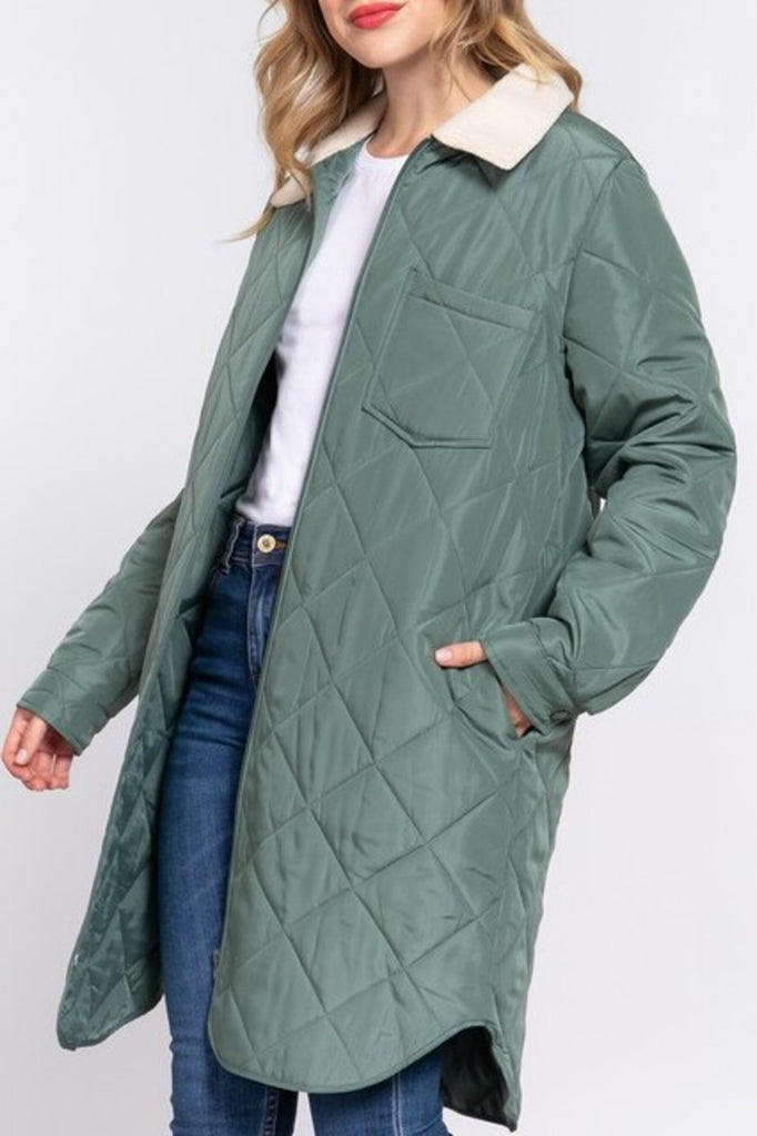 Women's Long sleeve fur collar detail quilted puffer long zip up jacket - FashionJOA