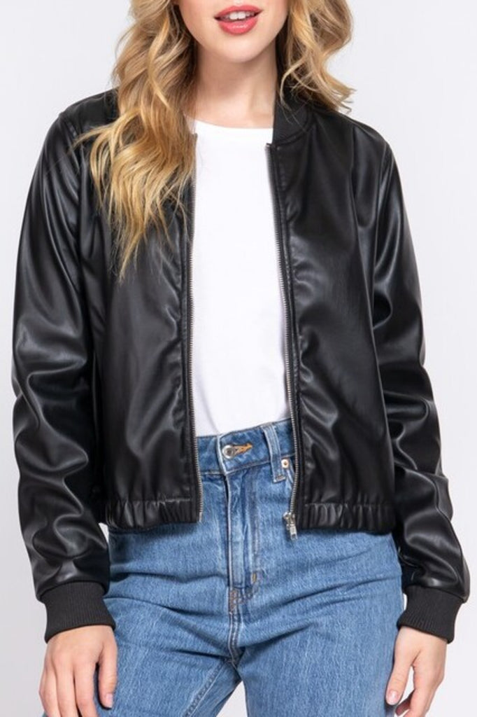 Women's Inner faux fur pu bomber jacket - FashionJOA