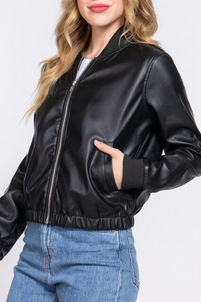 Women's Inner faux fur pu bomber jacket - FashionJOA