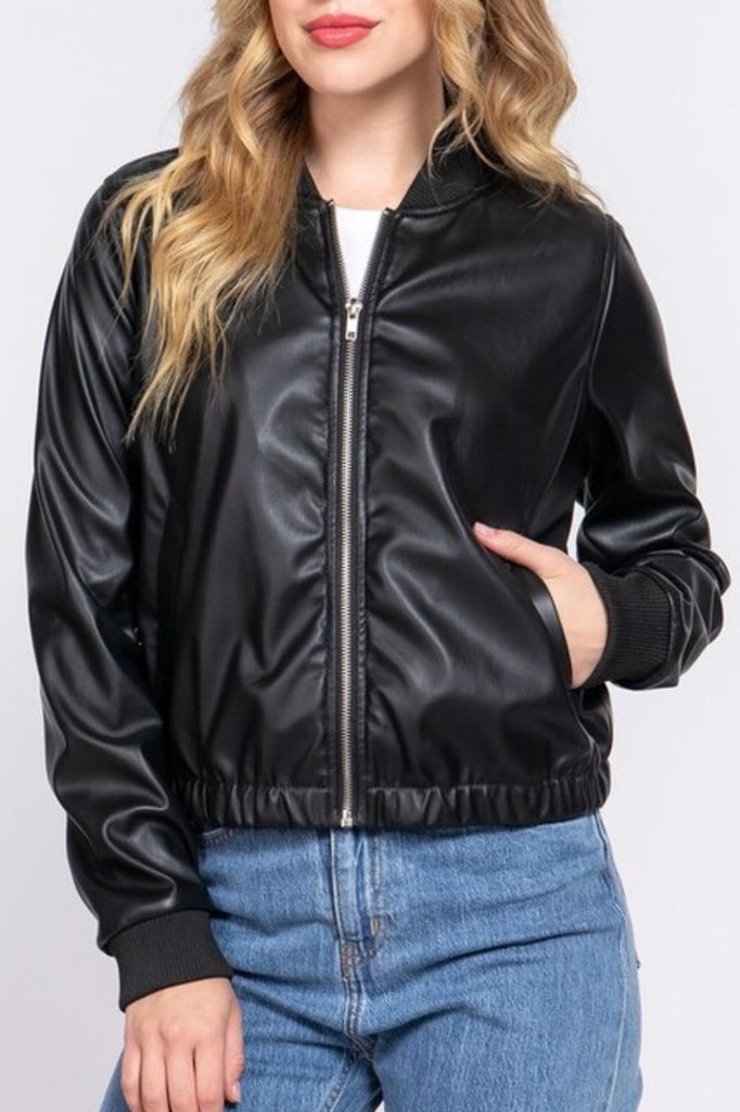 Women's Inner faux fur pu bomber jacket - FashionJOA