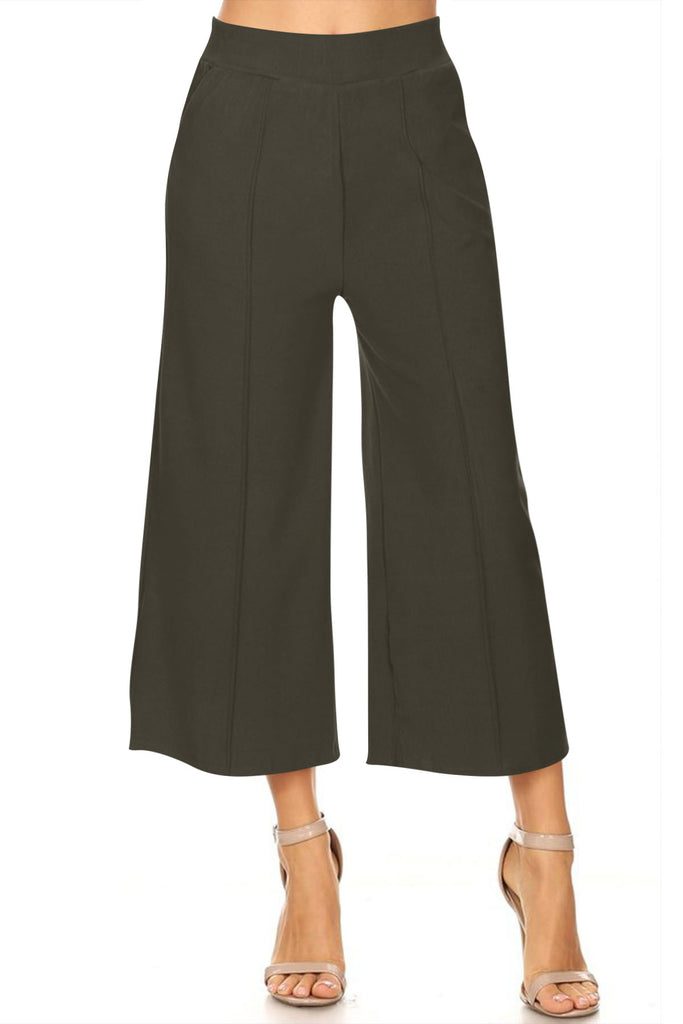 Women's High Waist Faux Suede Side Pockets Comfy Loose Wide Fit Solid Cropped Pants - FashionJOA