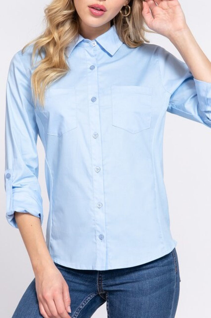 Women's 3/4 Roll up sleeve side rib panel stretch shirt - FashionJOA