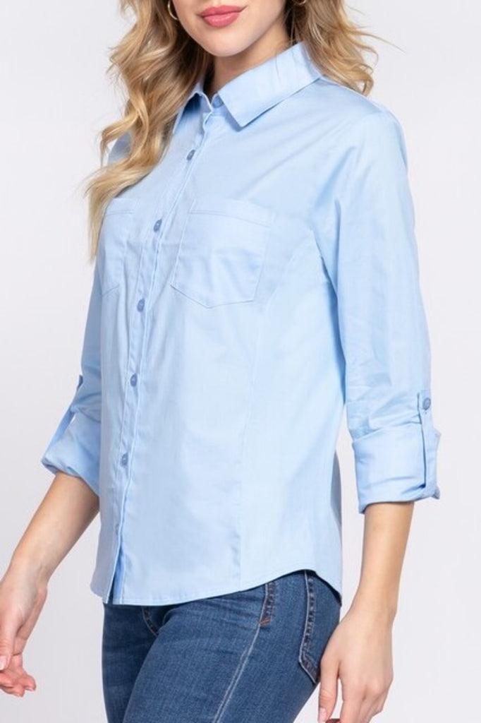 Women's 3/4 Roll up sleeve side rib panel stretch shirt - FashionJOA