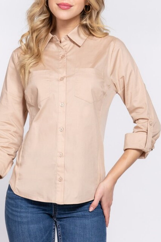 Women's 3/4 Roll up sleeve side rib panel stretch shirt - FashionJOA