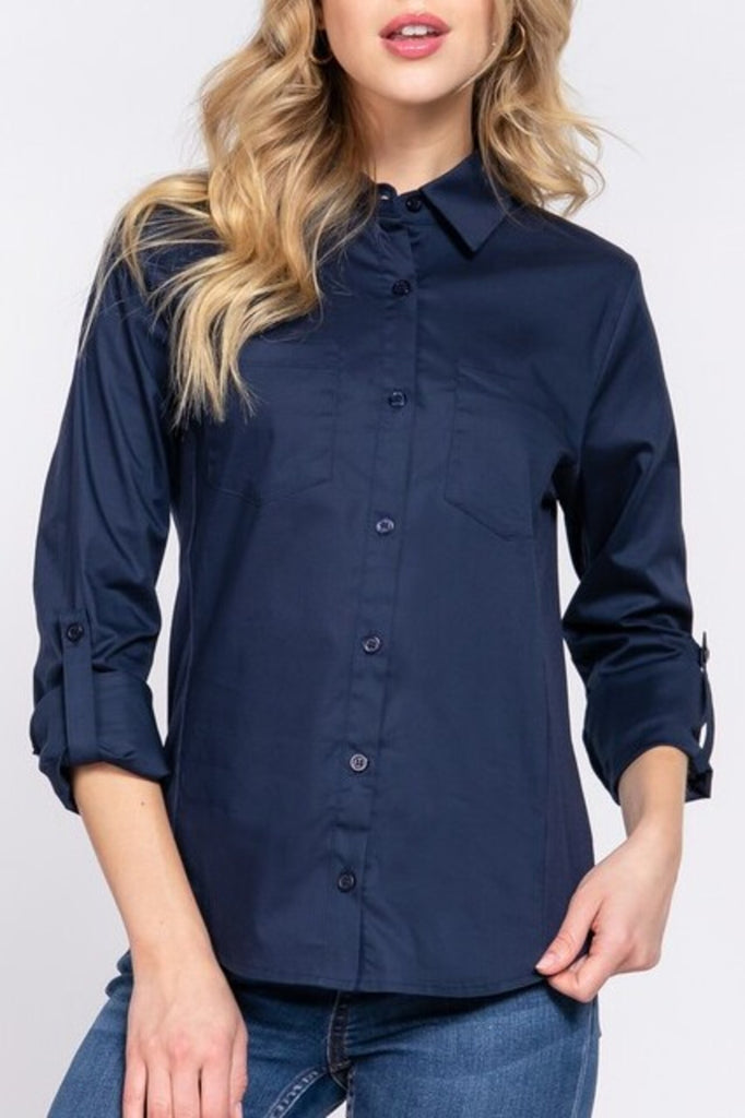 Women's 3/4 Roll up sleeve side rib panel stretch shirt - FashionJOA