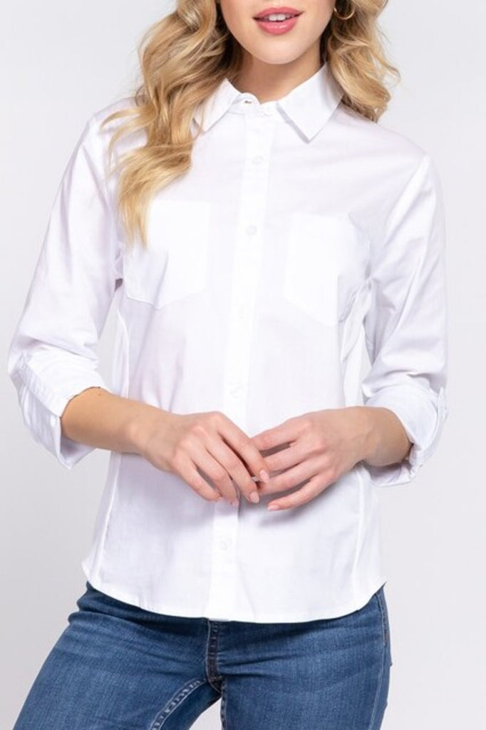 Women's 3/4 Roll up sleeve side rib panel stretch shirt - FashionJOA
