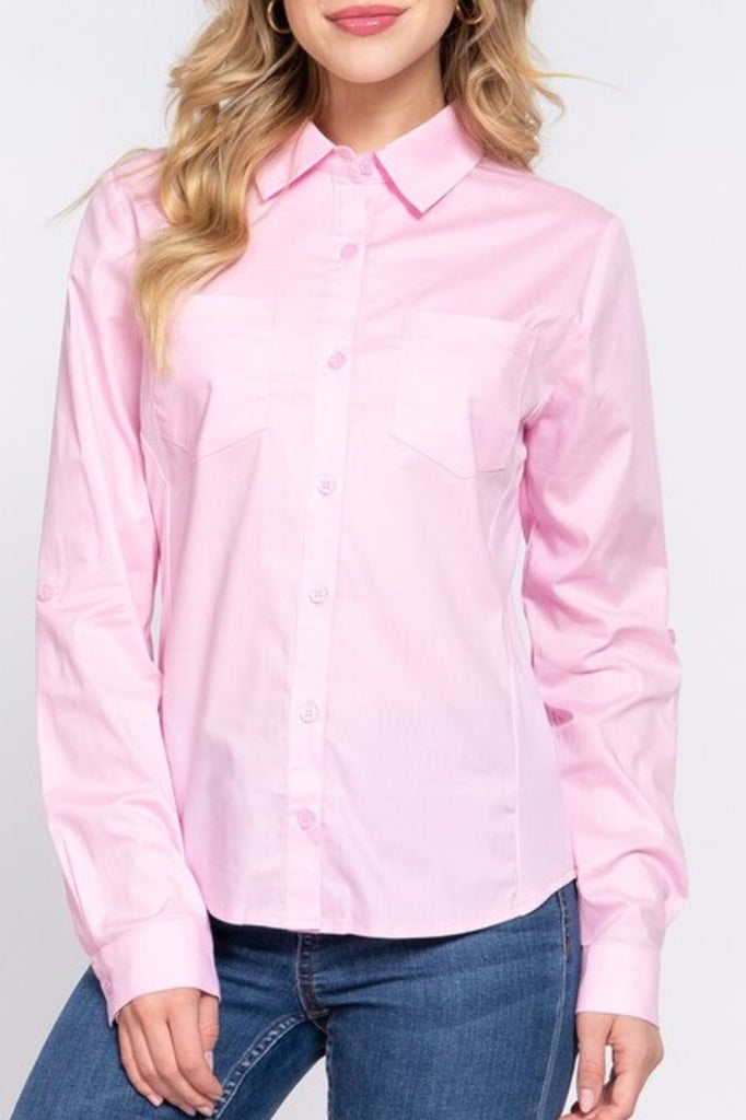 Women's 3/4 Roll up sleeve side rib panel stretch shirt - FashionJOA