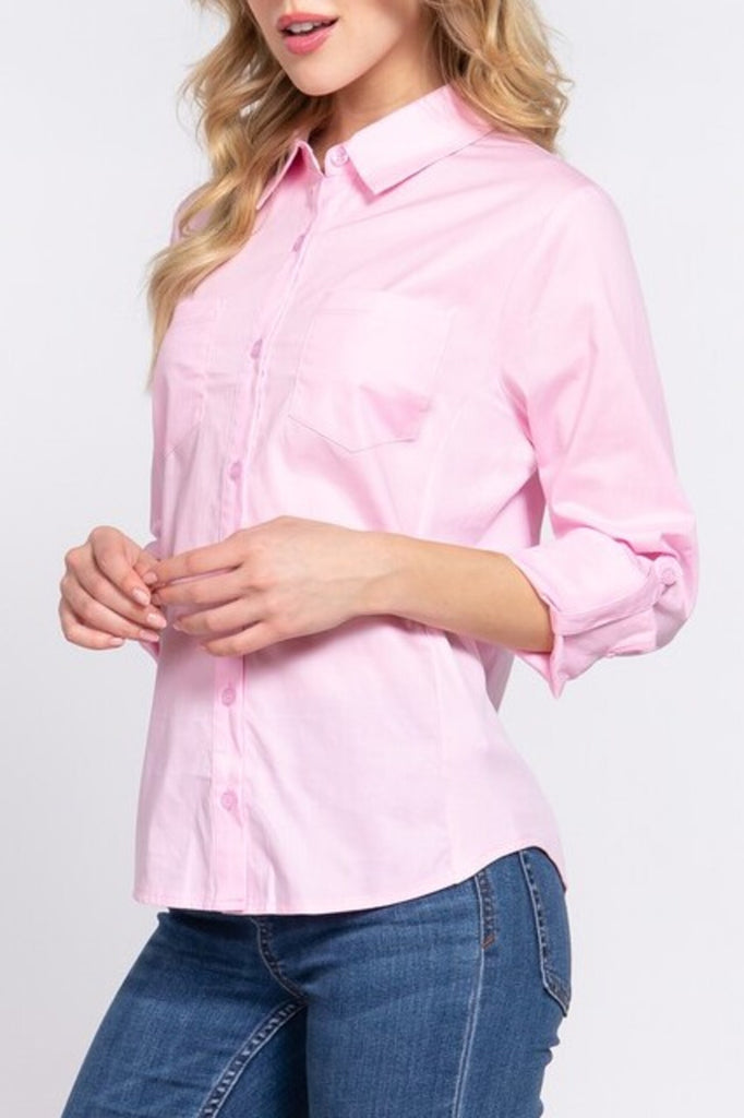 Women's 3/4 Roll up sleeve side rib panel stretch shirt - FashionJOA