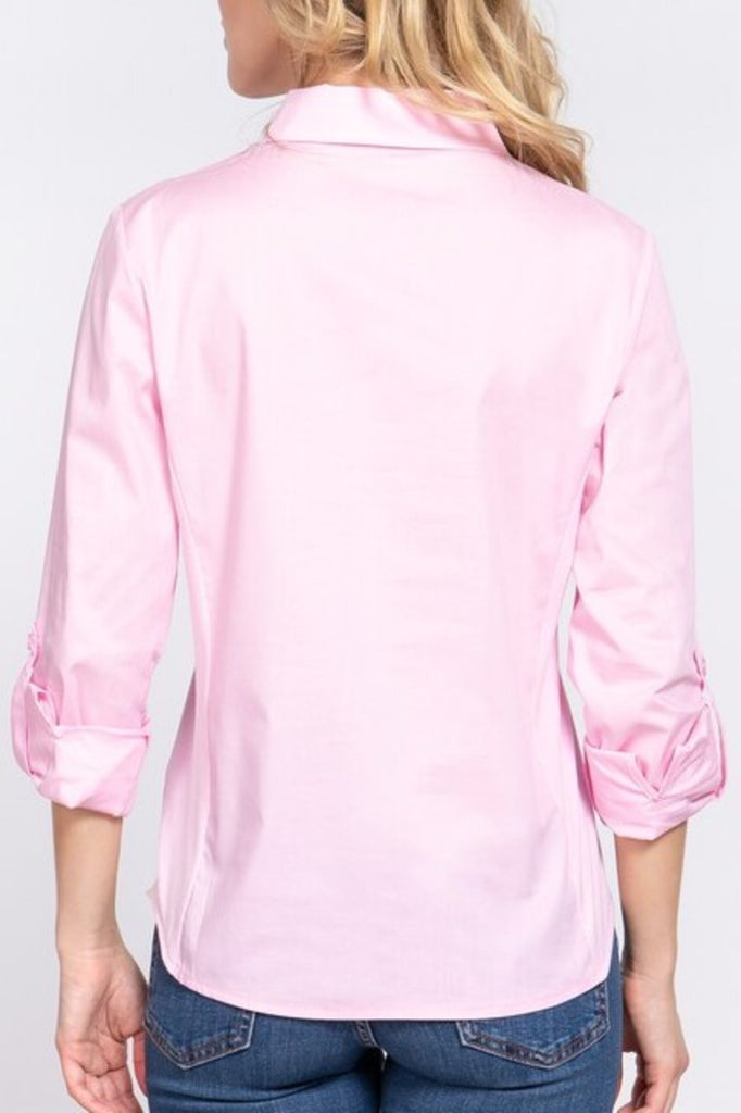 Women's 3/4 Roll up sleeve side rib panel stretch shirt - FashionJOA