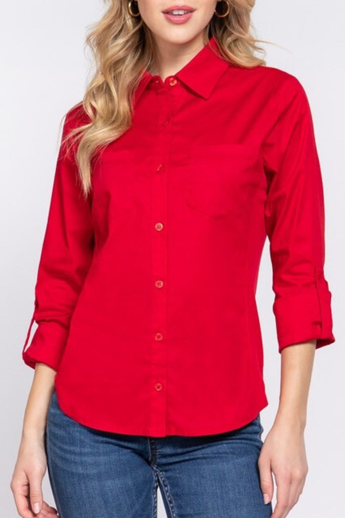 Women's 3/4 Roll up sleeve side rib panel stretch shirt - FashionJOA