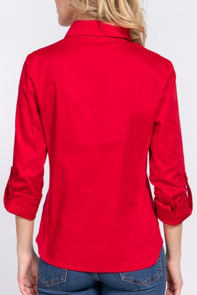Women's 3/4 Roll up sleeve side rib panel stretch shirt - FashionJOA