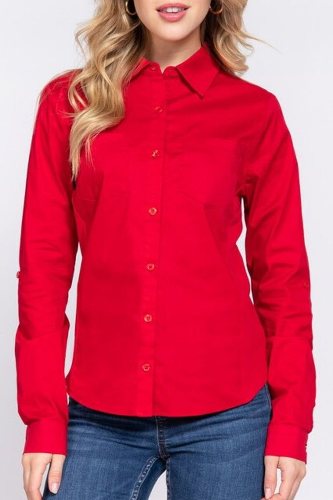 Women's 3/4 Roll up sleeve side rib panel stretch shirt - FashionJOA