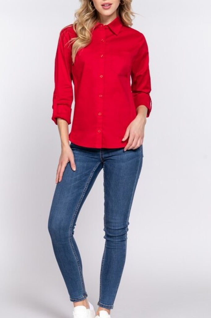 Women's 3/4 Roll up sleeve side rib panel stretch shirt - FashionJOA