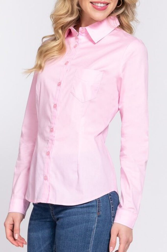Women's Long sleeve button down stretch poplin shirt - FashionJOA