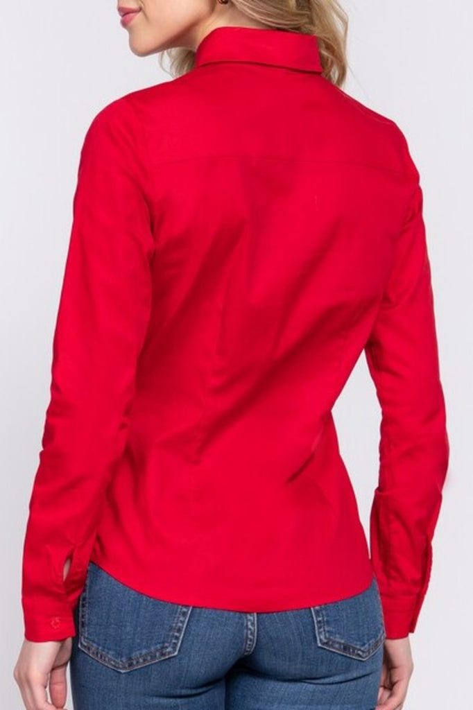 Women's Long sleeve button down stretch poplin shirt - FashionJOA