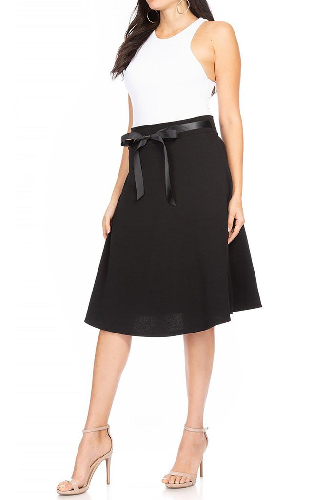 Women's Solid A-line Casual High Waist Bow Tie Belted A Line Midi Knee Length Skirts - FashionJOA