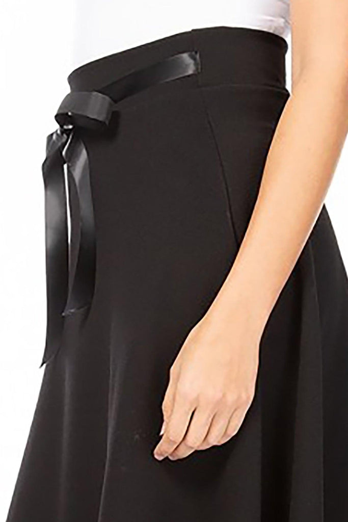 Women's Solid A-line Casual High Waist Bow Tie Belted A Line Midi Knee Length Skirts - FashionJOA