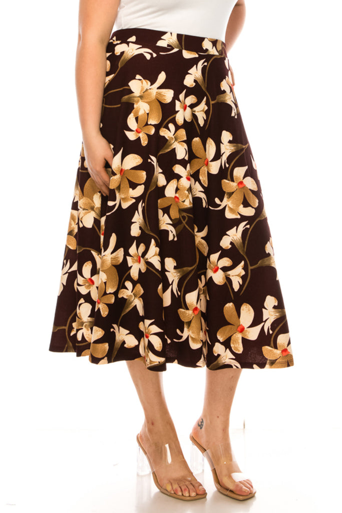Women's Plus size A-line midi skirt with flowers and elastic waistband - FashionJOA