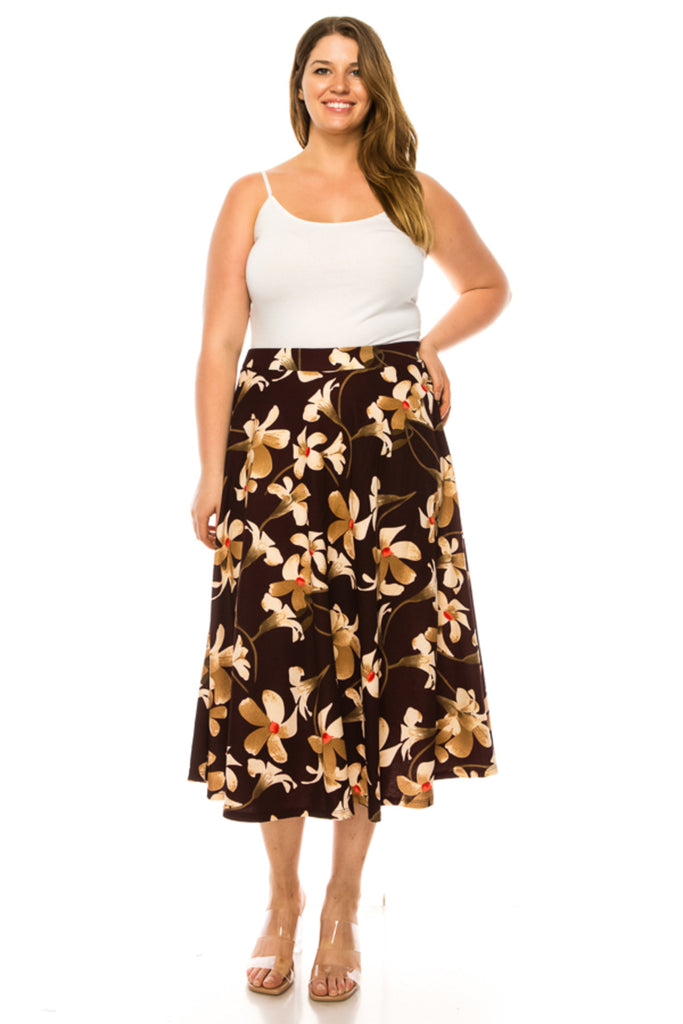 Women's Plus size A-line midi skirt with flowers and elastic waistband - FashionJOA