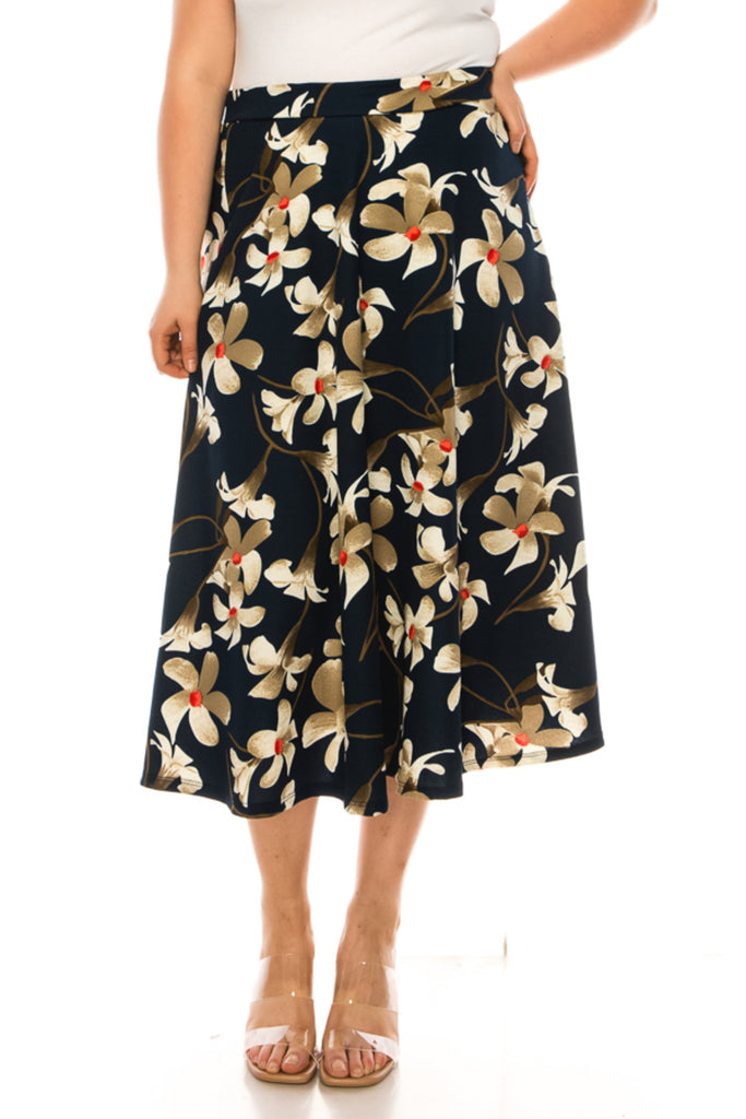 Women's Plus size A-line midi skirt with flowers and elastic waistband - FashionJOA