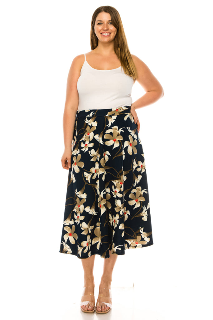 Women's Plus size A-line midi skirt with flowers and elastic waistband - FashionJOA
