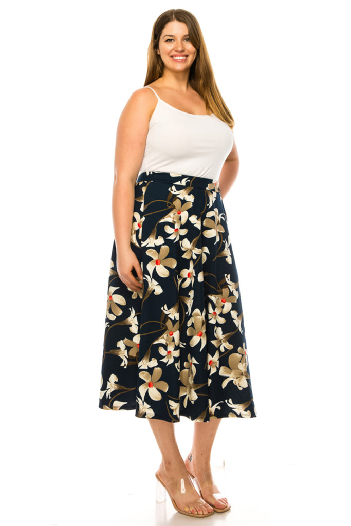 Women's Plus size A-line midi skirt with flowers and elastic waistband - FashionJOA
