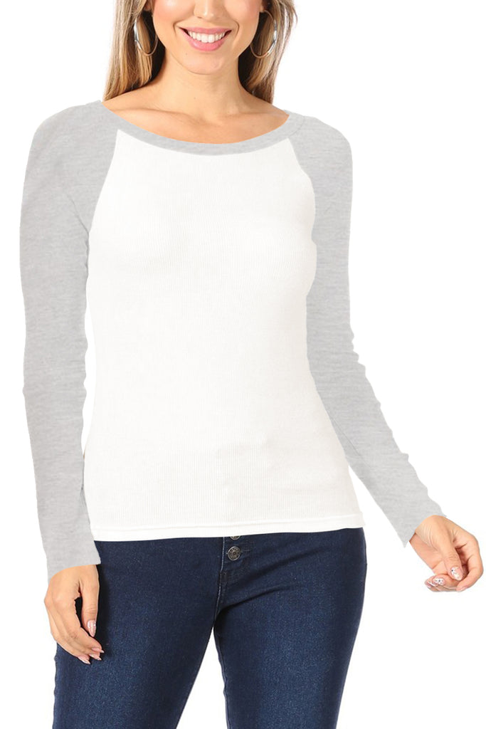 Women's Casual Ribbed Long Sleeve Round Neck Raglan T-Shirt - FashionJOA